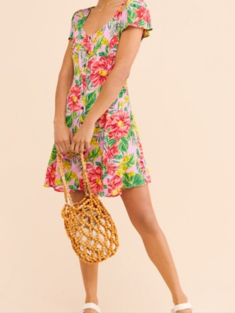 Lost + Wonder Mai Tai Tropical Floral Pink Scoop Neck Tie-Waist Dress